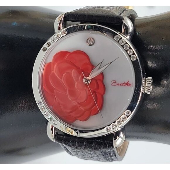 Bertha Daphne Ladies Quartz Watch 7" Leather Band 38mm Mother Of Pearl Red Rose - Picture 1 of 16